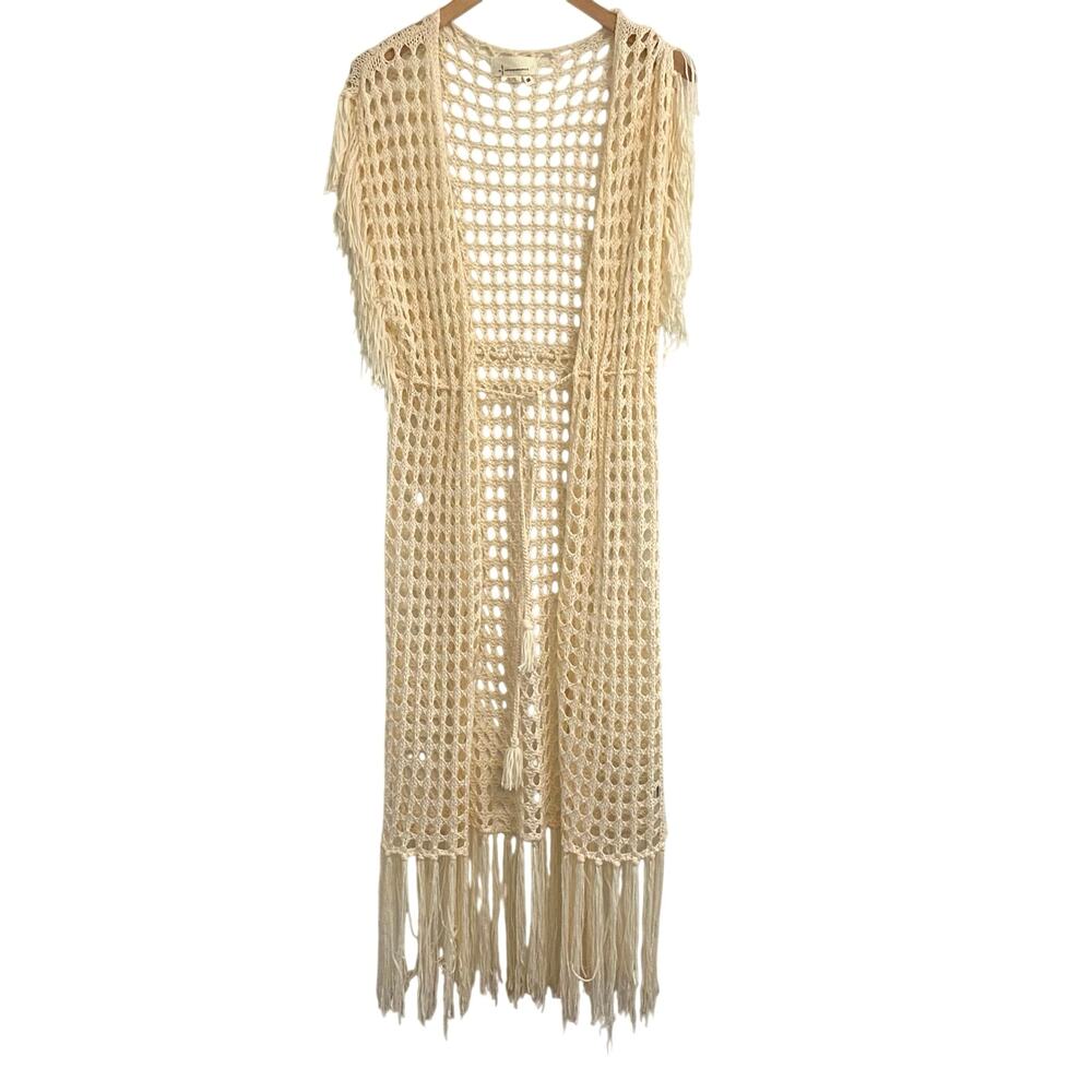 Anthropologie Crochet Open Knit Caftan Fringe Western Costal Cowgirl Cardigan